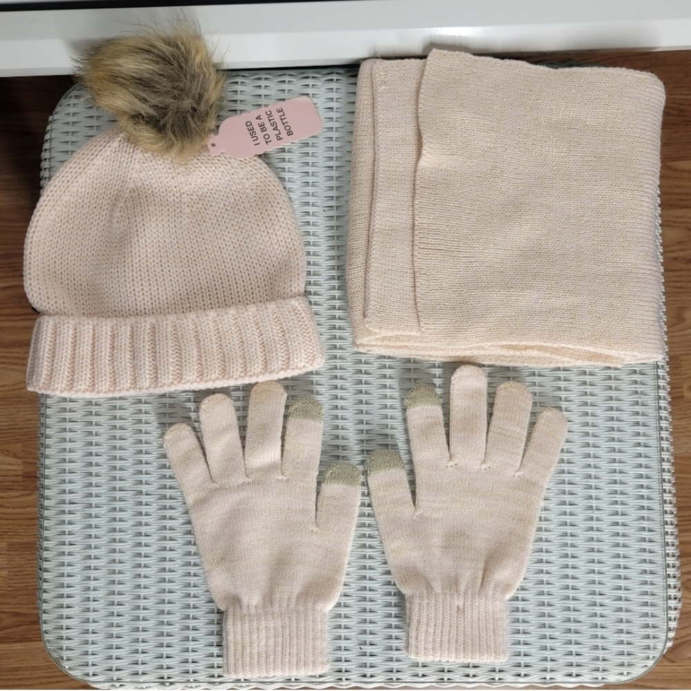 Pink Knitted Beanie Hat with Faux Fur Pompom